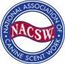A blue and red logo for the national association of canine scent work.