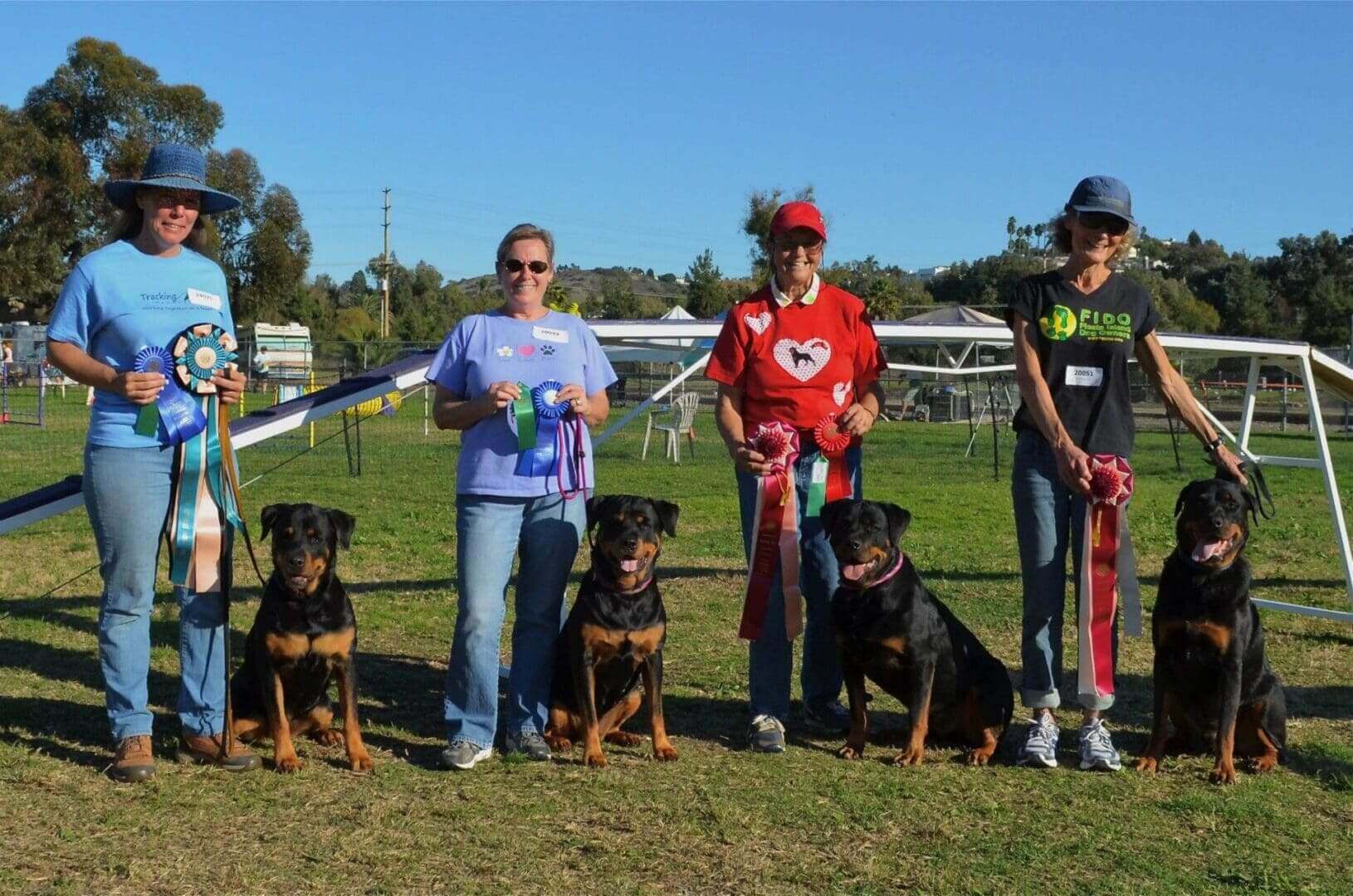 Four Rottweilers and their handlers with ribbons.