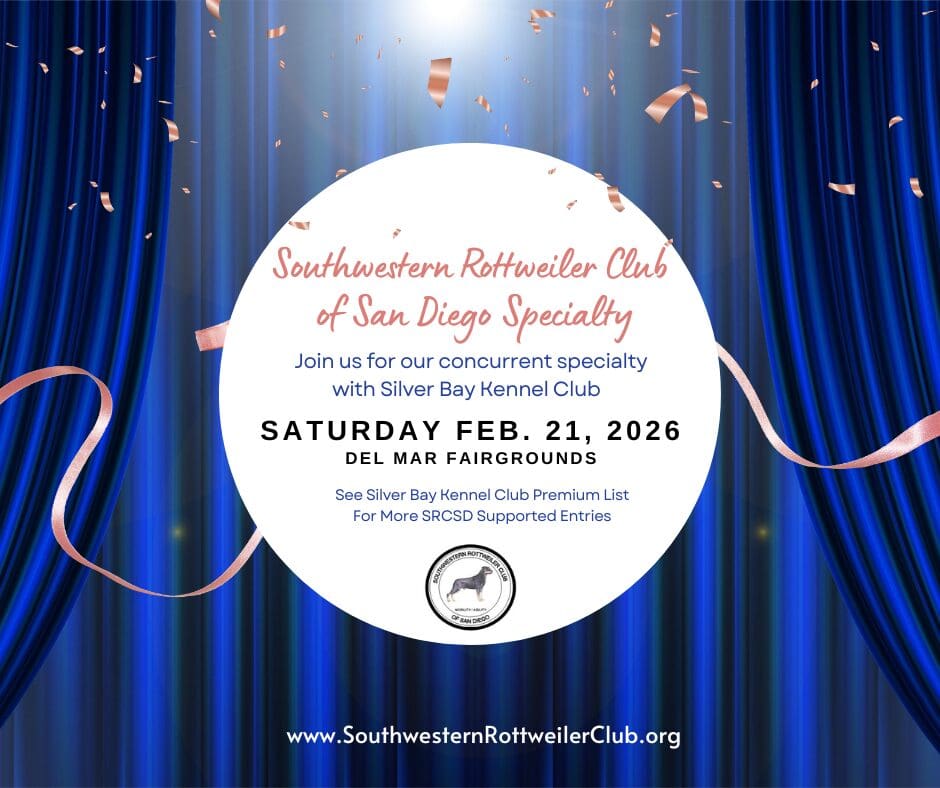 Dog show event announcement with blue curtains.